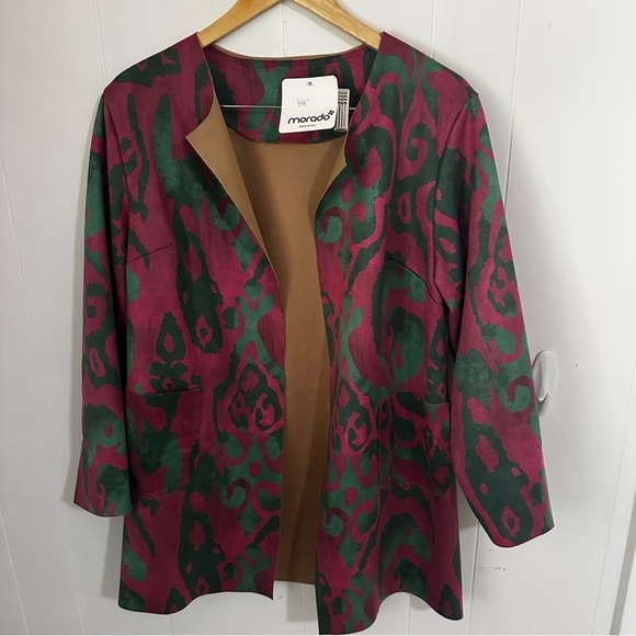 Pink and Green Blazer with Organic Pattern and Notched Collar - Picture 1 of 4